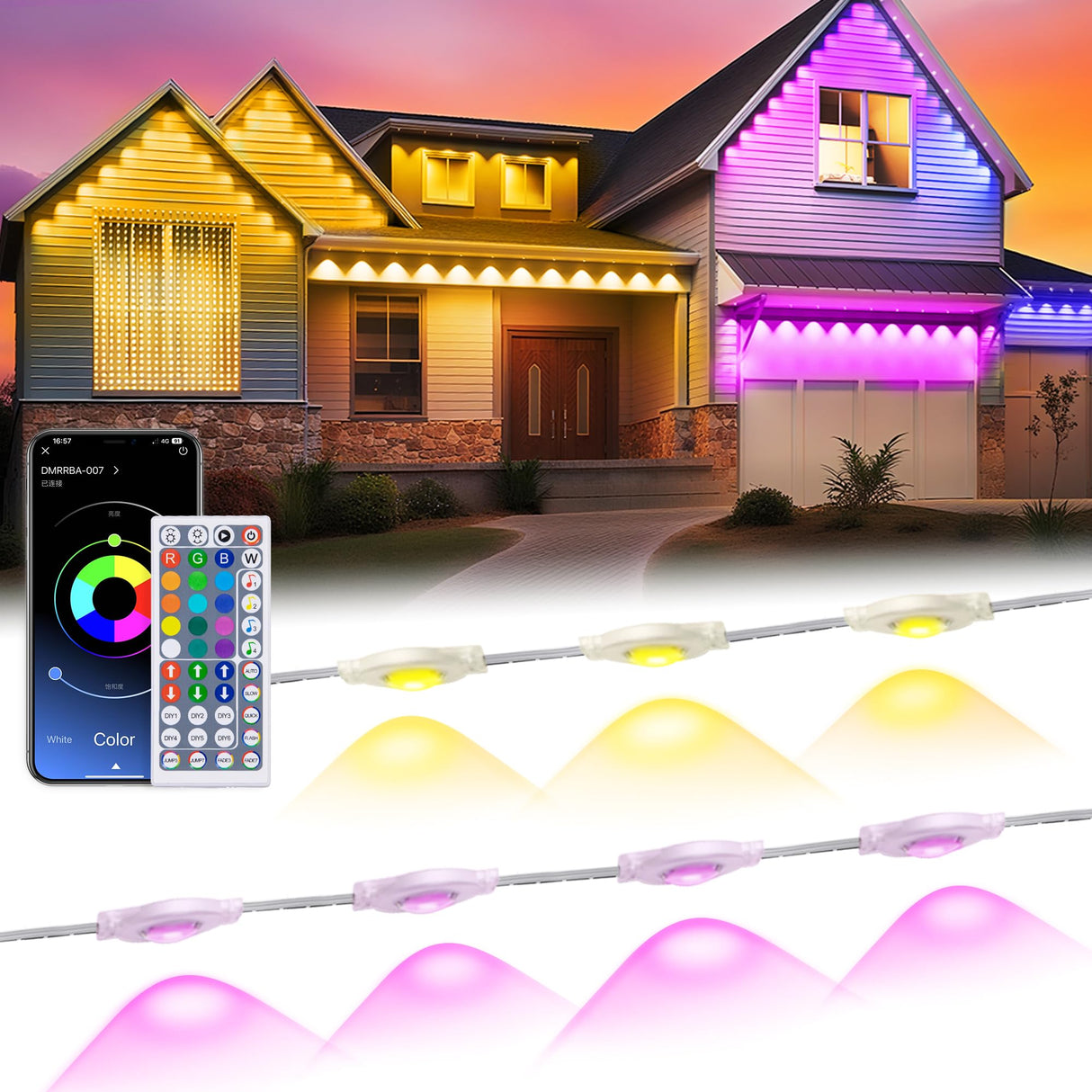 MuliVid 200Ft Permanent Outdoor Lights for House, RGB Halloween House Light Outdoor with Remote APP Control,IP67 Waterproof for Outside Decorations，Eaves Lights for Christmas, Holiday, Party, Daily