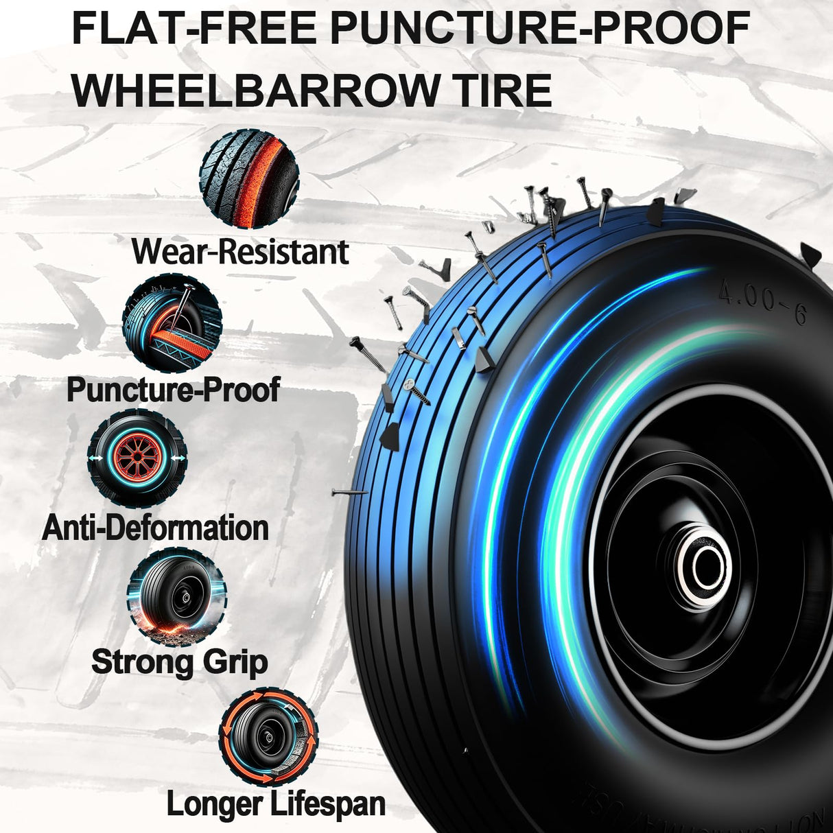 4.00-6 Wheelbarrow Tires 13" Flat Free Solid Wheel Barrow Wheel Replacement