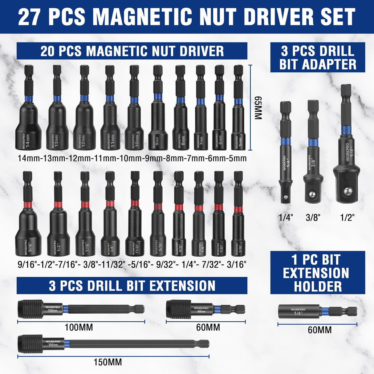 WORKPRO 27 PCS Magnetic Nut Driver Set, Impact Drill Driver Bit 1/4" Hex Shank, SAE & Metric Cr-V Steel Power Nut Drivers with Quick-release Extensions, Impact Socket Adapters, Bit Holder and Toolbox