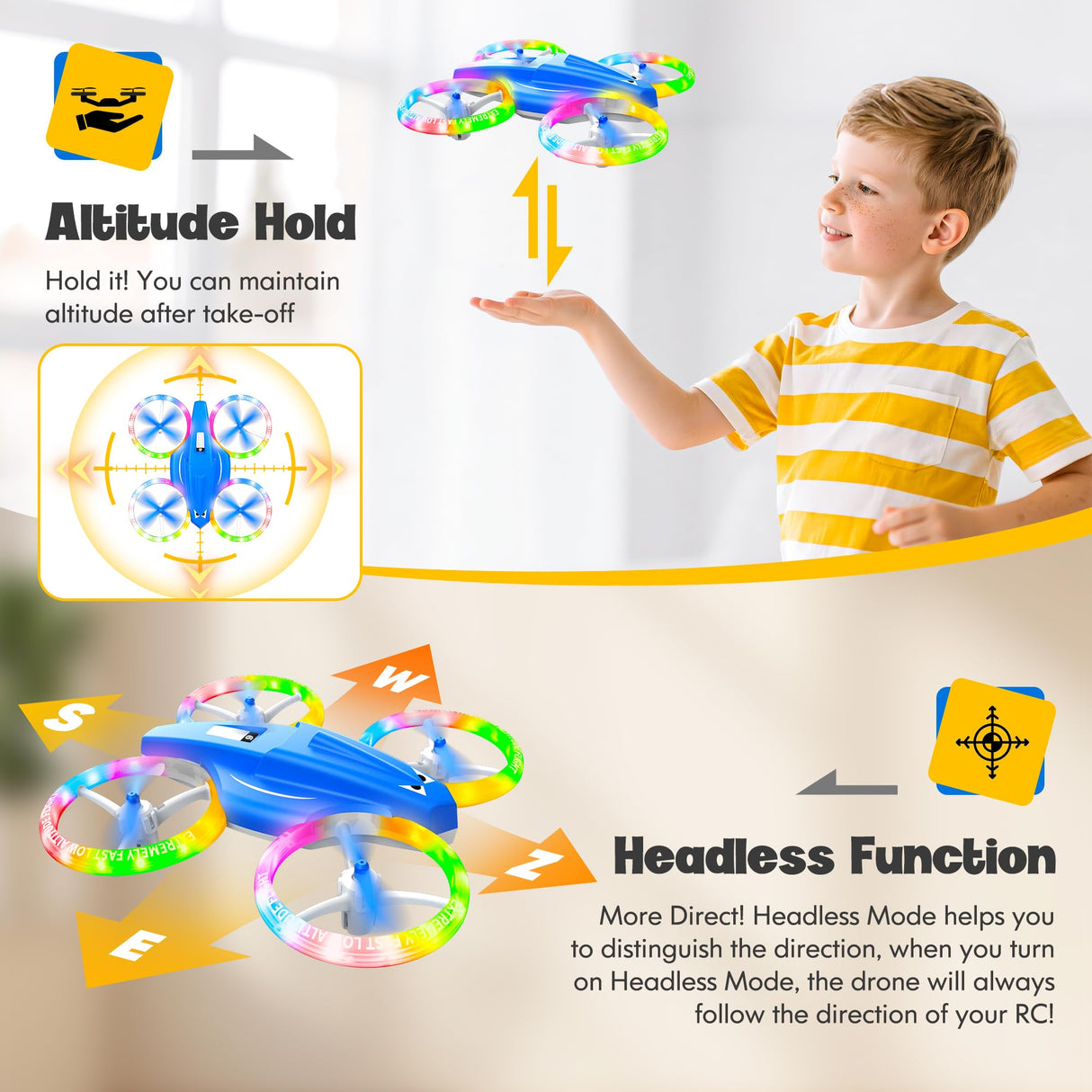 ALTITACO Drones for Kids With Cool Light, Kids Drone with 3D Flip, Altitude-Hold, Self-Rotation, Headless Mode, 3 Speed Modes, One-Click Take-off/Landing, Mini Drone for Christmas, Beginners, Indoor