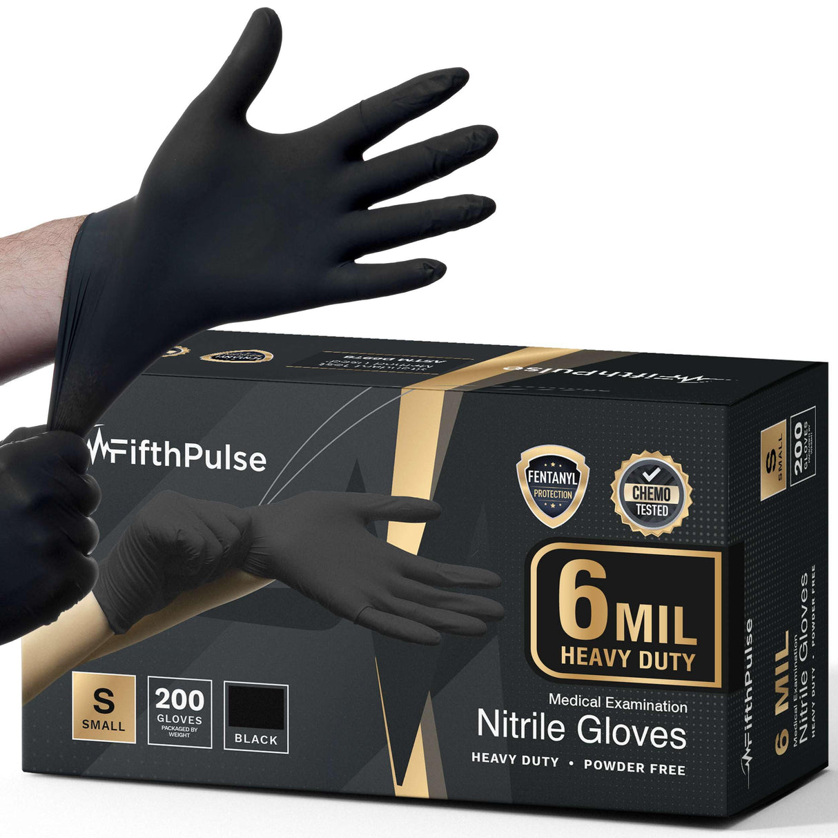 FifthPulse 6 Mil Black Nitrile Gloves Large, 200 Count Heavy-Duty Disposable Gloves for Mechanics, Food Prep, and Medical Use - Powder-Free, Latex-Free, Extra Thick & Puncture-Resistant Rubber Glove
