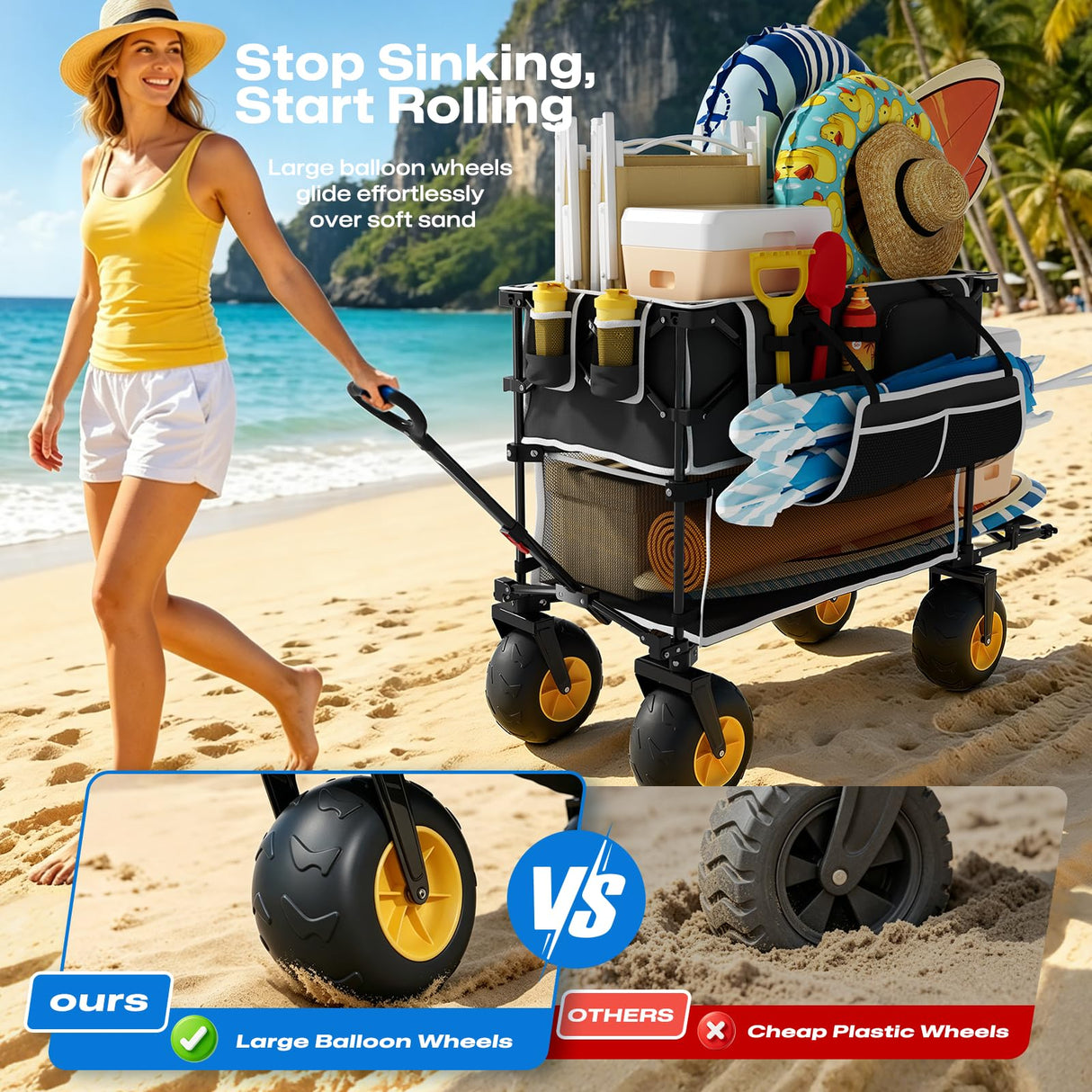 VELUVIA 400L Double Decker Beach Wagon with Big Balloon Wheels for Sand