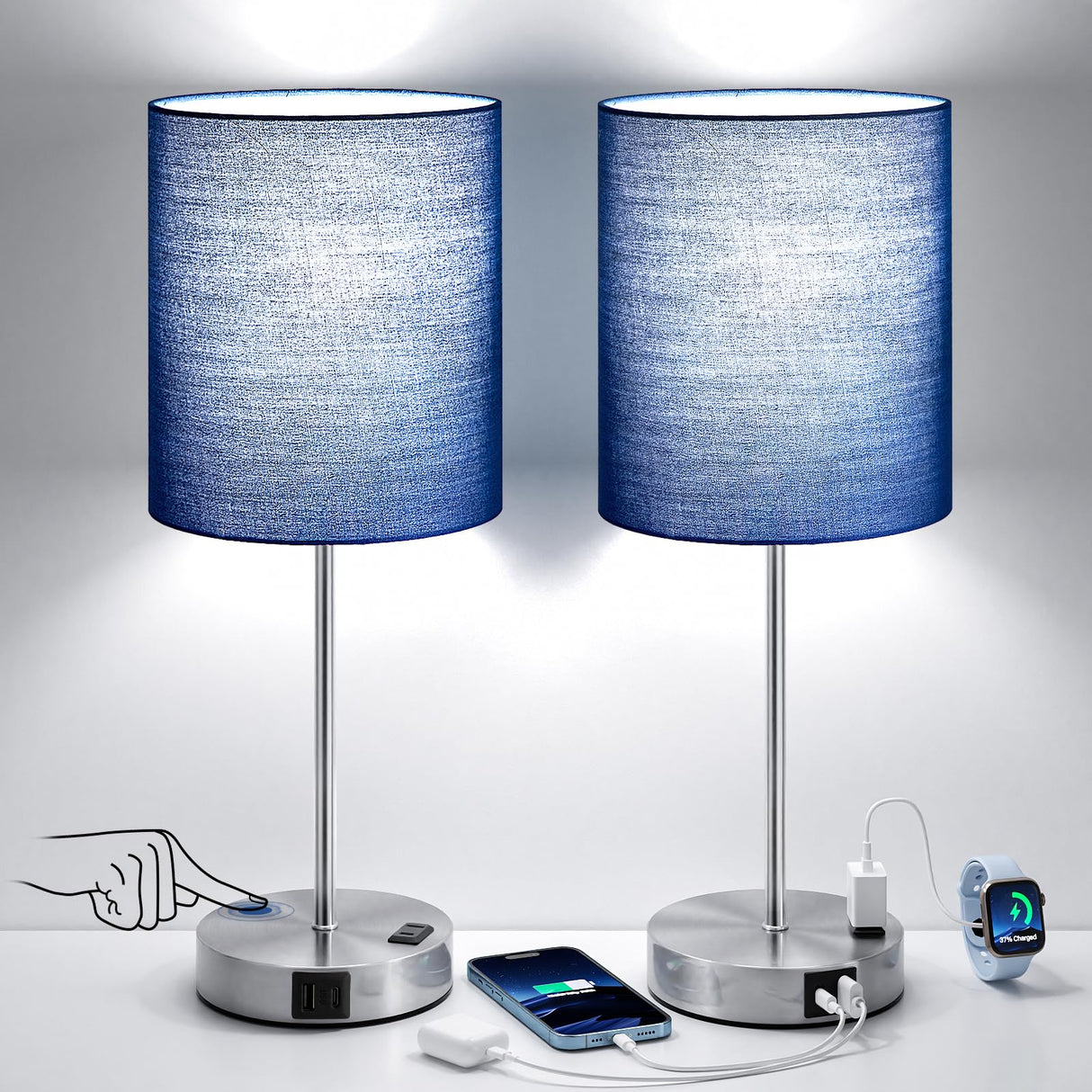 Blue Touch Lamps for Nightstand Set of 2 - Bedside Table Lamp for Bedroom with Dual USB Ports & AC Outlet, 3-Way Dimmable Lamps for Living Room Boys Room, Night Light with 5000K Daylight Bulbs