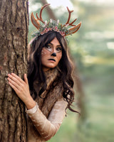 MOSTORY Handmade Antler Headband Brown - Adjustable Reindeer Horns Crown with Ears Fairy Flower Woodland Headpiece for Renaissance Christmas Cosplay Prom Fae Ball Costume Photo Prop