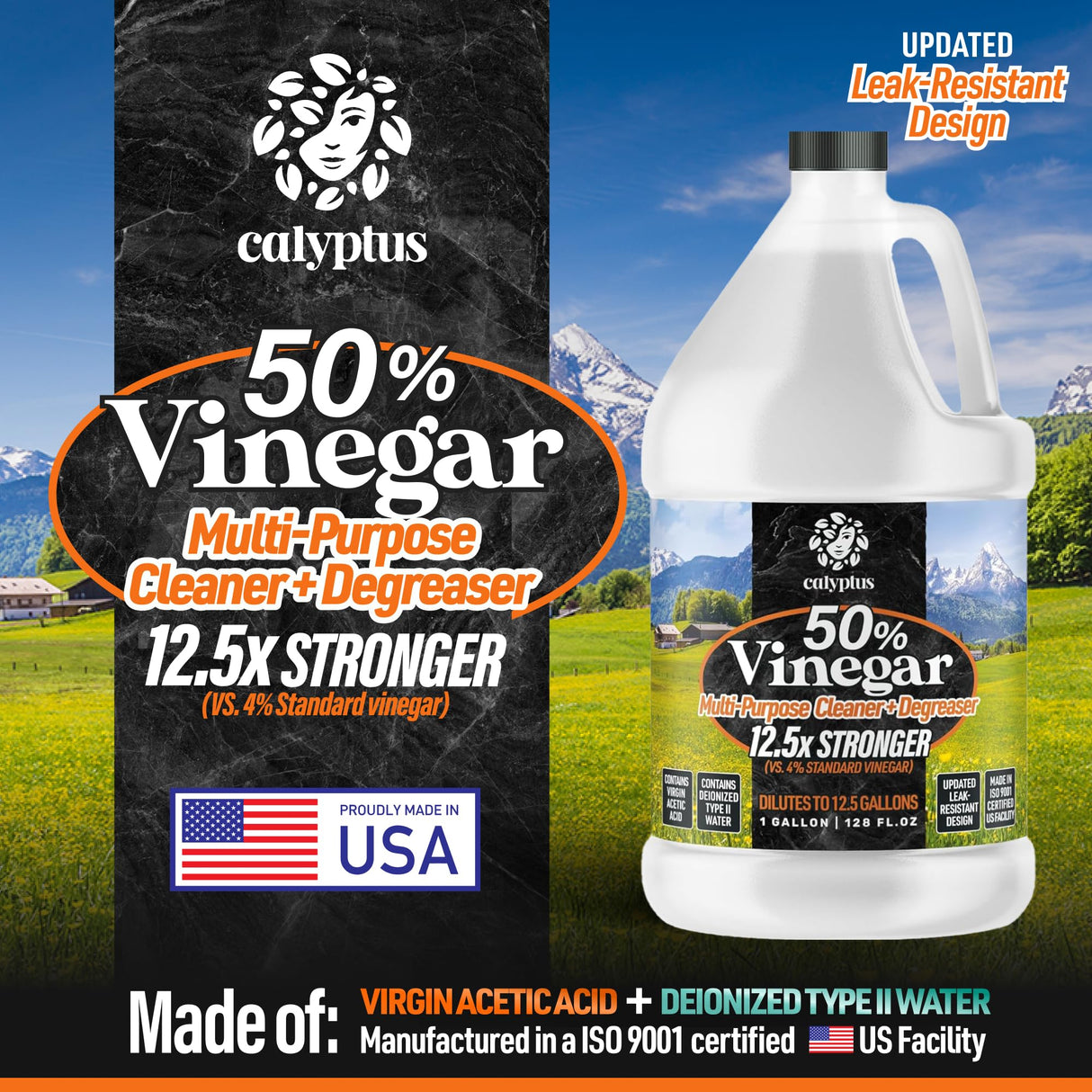 Calyptus 50% Pure Concentrated Vinegar | Maximum-Performance (12.5X) Power | Technical Grade | Dilutes Easily to 5% Acidity (1.5 Cups per Gallon) | Home and Outdoor Cleaning Concentrate | 1 Gallon
