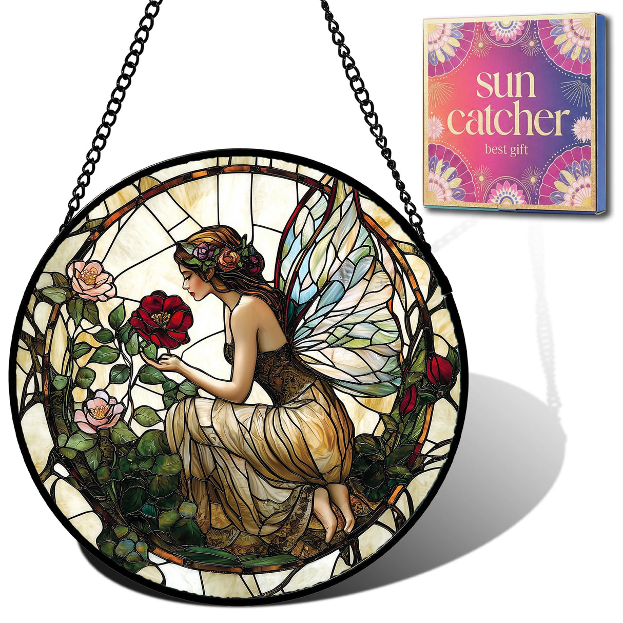 Birthday Gifts for Women - Butterfly Flower Fairy Faux Stained Glass Window Hanging Sun Catcher for Door Garden Acrylic Home Decor Mother's Day for Mom Nana Friend Grandma Wife 6.3"