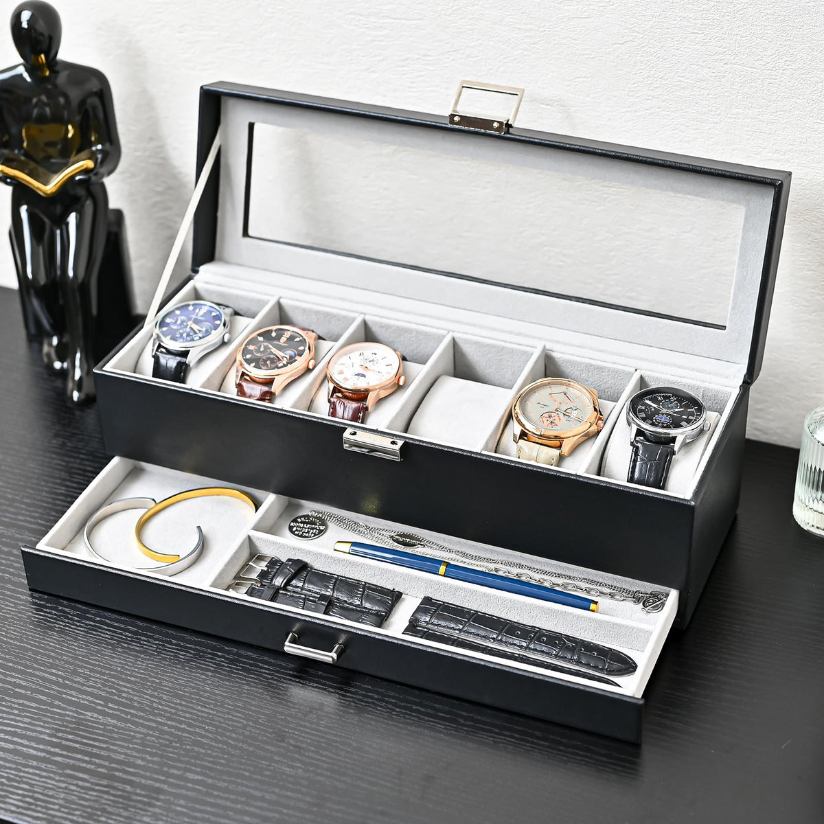 ProCase Watch Box, 6 Slot Watch Display Case with Drawer -Black