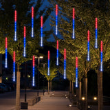 Dazzle Bright 4th of July Lights Decorations, 288LED Red Blue and White Meteor Shower Rain Lights 12Inch 8 Tubes, Waterproof Plug in Falling Rain Light Independence Day for Outdoor Yard