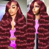 30 Inch 99J Burgundy Lace Front Wigs Human Hair 13x6 Body Wave Lace Front Wigs Human Hair Pre Plucked 200 Density Glueless HD Transparent Full Lace Frontal Wigs Human Hair Red Wigs With Baby Hair