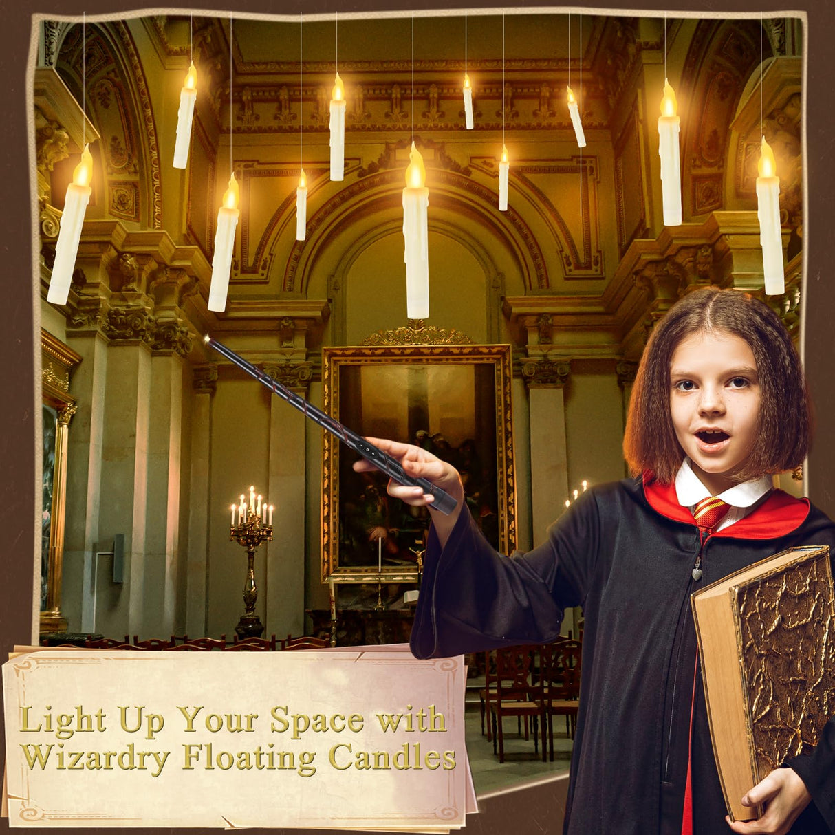 YMXHK Halloween Decorations - Floating Candles with Wand, 12 Pcs Flameless Candles with Warm Light Flickering, Witch Wizard Christmas Decor for Indoor Home Room Classroom Bedroom Birthday Party
