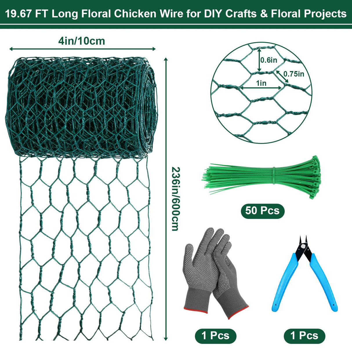 Floral Chicken Mesh for Craft, 4 x 236 Inch Galvanized Hexagonal Netting Roll, Lightweight Garden Poultry Fence for Coop & Rabbit, Metal Mesh Kit with Gloves, Ties and Plier