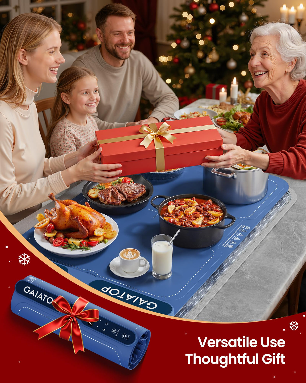 Gaiatop Food Warming Mat, Fast-Heating Silicone Electric Warming Tray with Heat Insulating Pad, 7-Level Temp 8h Timer Food Warmer Mat, Portable Heating Mat for Countertop Gatherings Party Home, Blue