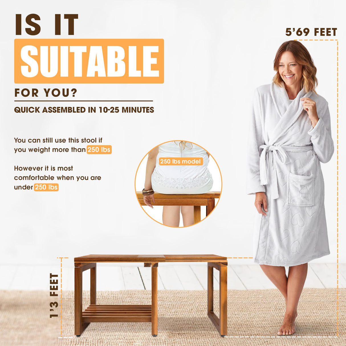 ENKEZI Adjustable Length 29 Inches Shower Stool Bench Chair Waterproof with Storage Shelf for Shaving Legs, Spa, Bath Seat in Bathroom, Inside Shower for Adults Seniors Elderly (Small 29 in)