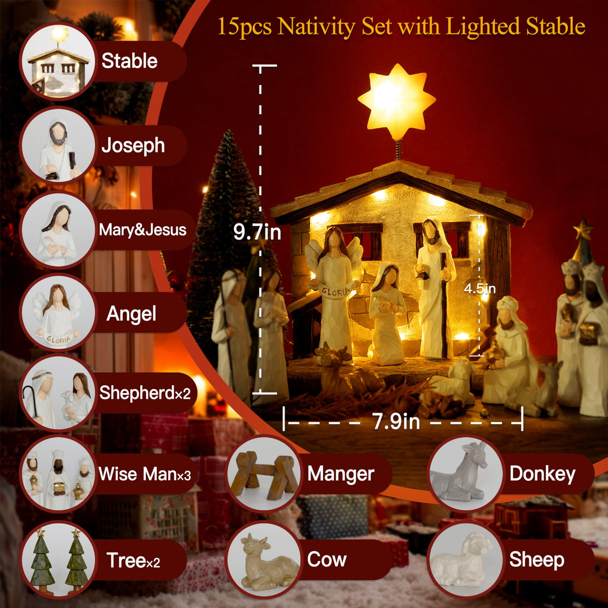 Nativity Set Indoor – 15 Pieces Christmas Nativity Scene Set with Manger, LED Star, Angel with Gloria Banner, Wooden Style Nativity Sets & Figures for Kids and Family Holiday Christmas Décor