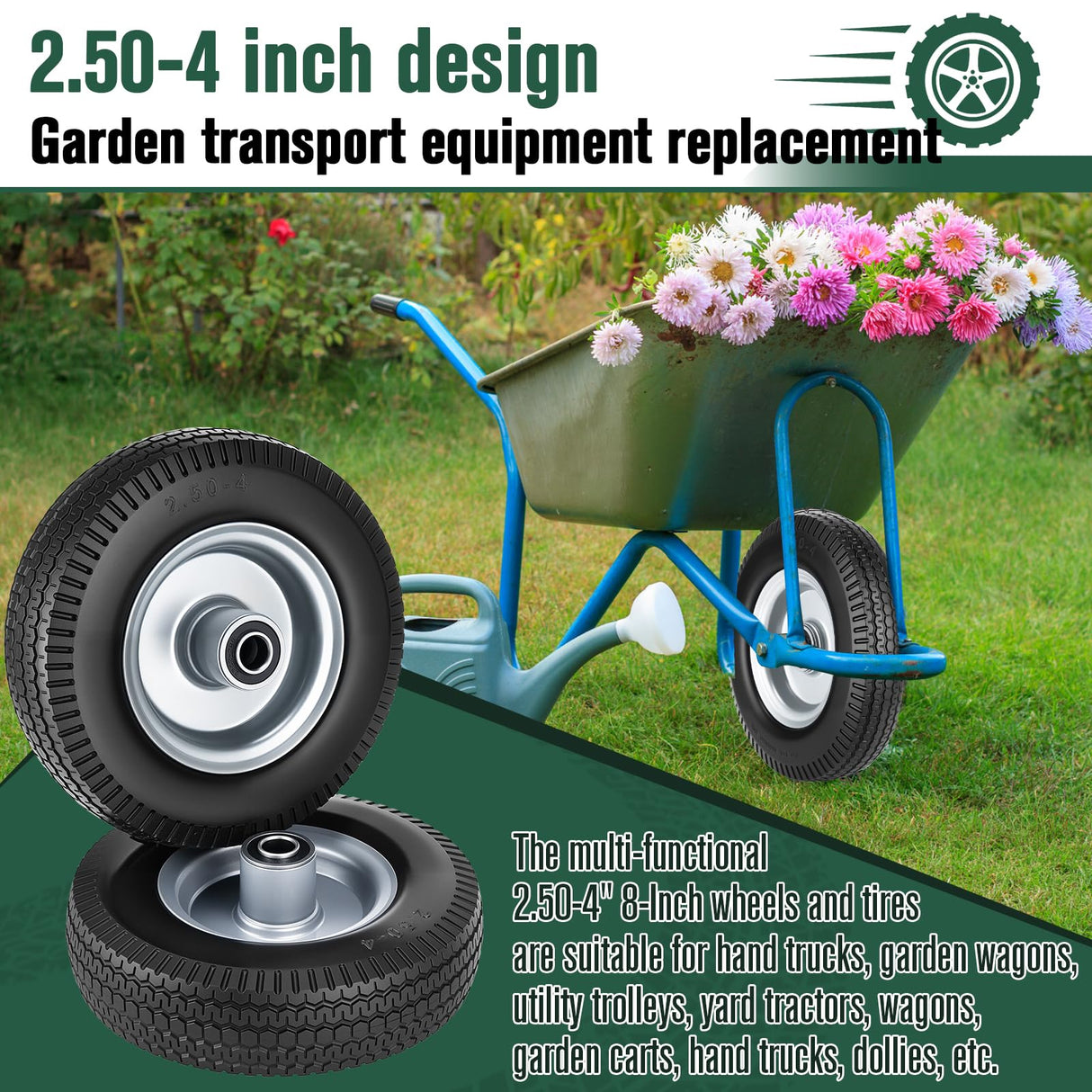 8-Inch Flat-free Tire and Wheel, 2.50-4 Solid Tire Replacement with 5/8 Bearings, 2.2" Offset Hub Compatible with Hand Truck, Garden Wagon, Trolley Dolly (2 Pack)