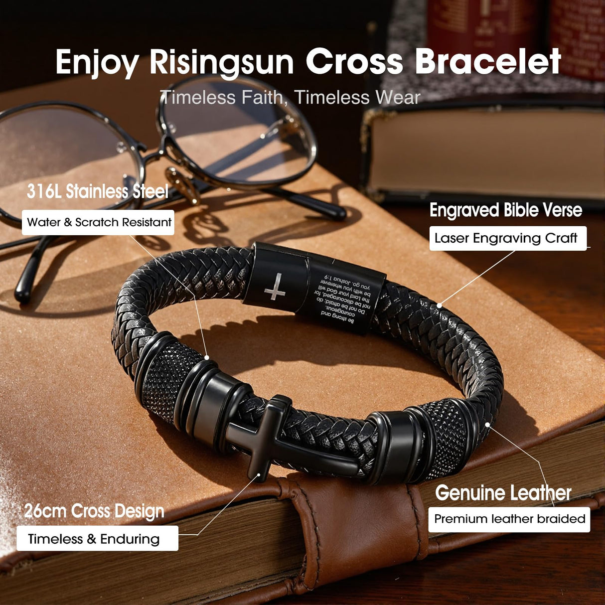 Enjoy Risingsun Mens Christian Bracelet, Cross Bracelet for Men, Gifts for Husband Dad Boyfriend Son, Engraved Bible Verse Jewelry, Stainless Steel Cross, Black Braided Leather Bracelets (Joshua 1:9)