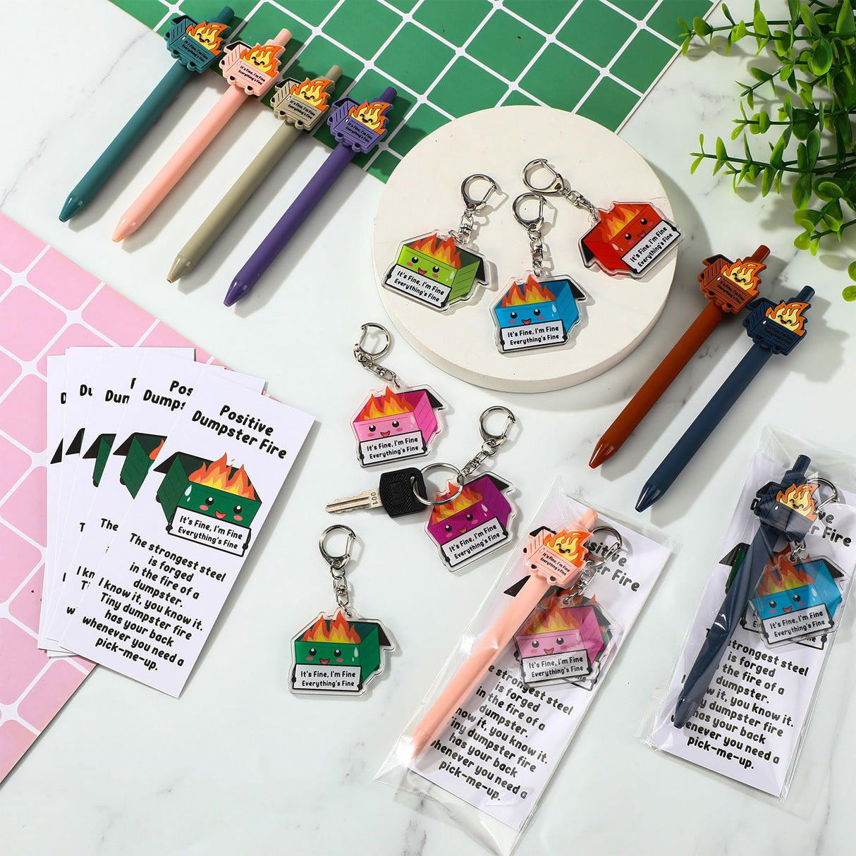 Sayglossy 36 Sets Dumpster Fire Gifts Christmas Funny Ballpoint Pens Acrylic Keychains and Bookmarks Employee Emotional Support Appreciation Gifts Bulk for Office Coworkers Staff Team