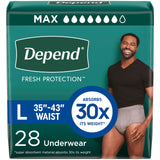 Depend Fresh Protection Adult Diapers, Incontinence Underwear for Men, Disposable, Maximum, Large, Grey, 28 Count, Packaging May Vary