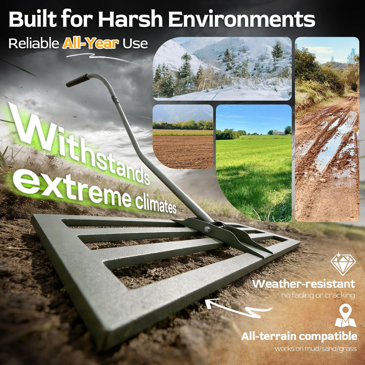HamRoRung Lawn Leveling Rake -31.5''x11.8'' Heavy Duty Leveling Rake, Ergonomic Handle, Professional Ground Leveler for Yard, Soil, Grading, Gravel, Seeding, Do Not Hurt Turf, Save Effort