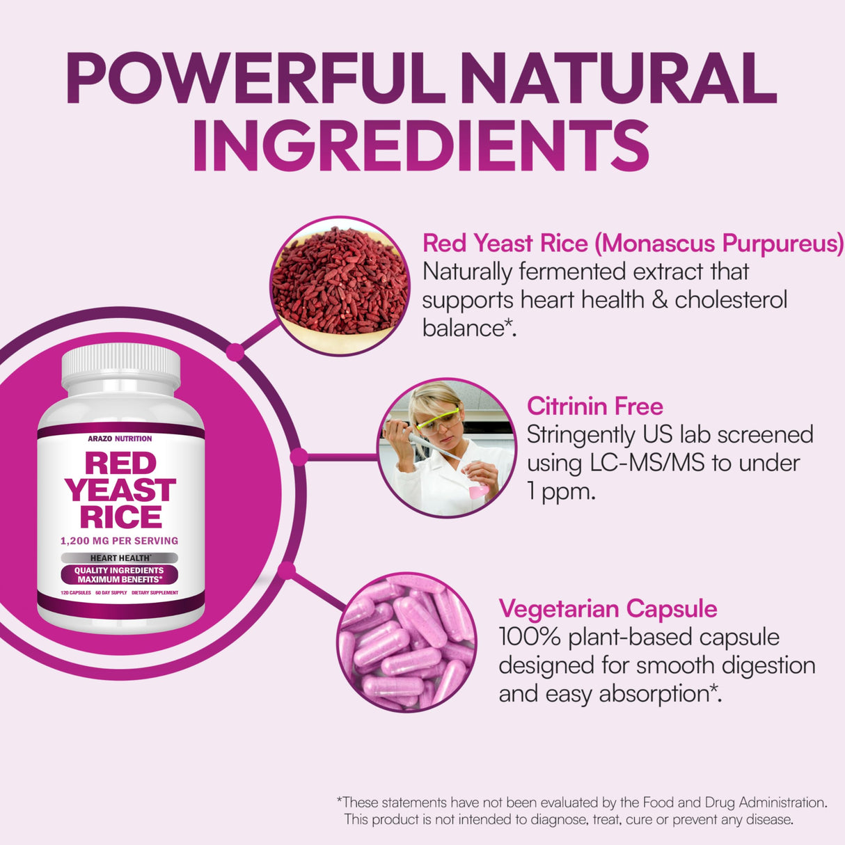Arazo Nutrition Red Yeast Rice Extract 1200 MG Per Serving – Citrinin Free Supplement – Vegetarian 120 Capsules