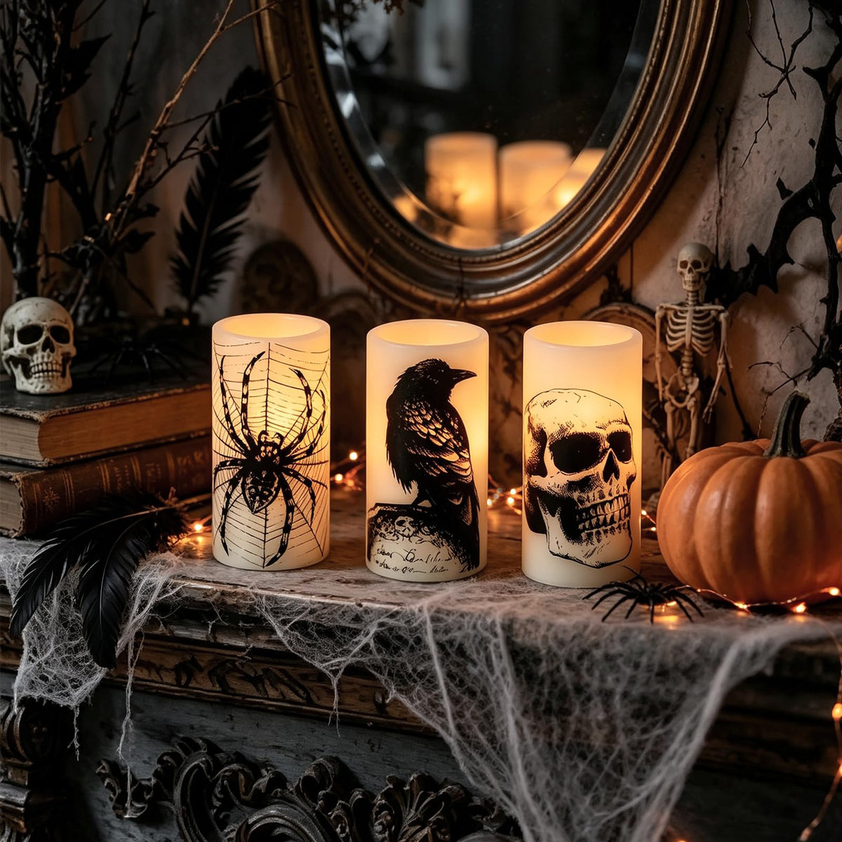 Eldnacele Skull Halloween Flameless Candles Battery Operated with 6H Timer
