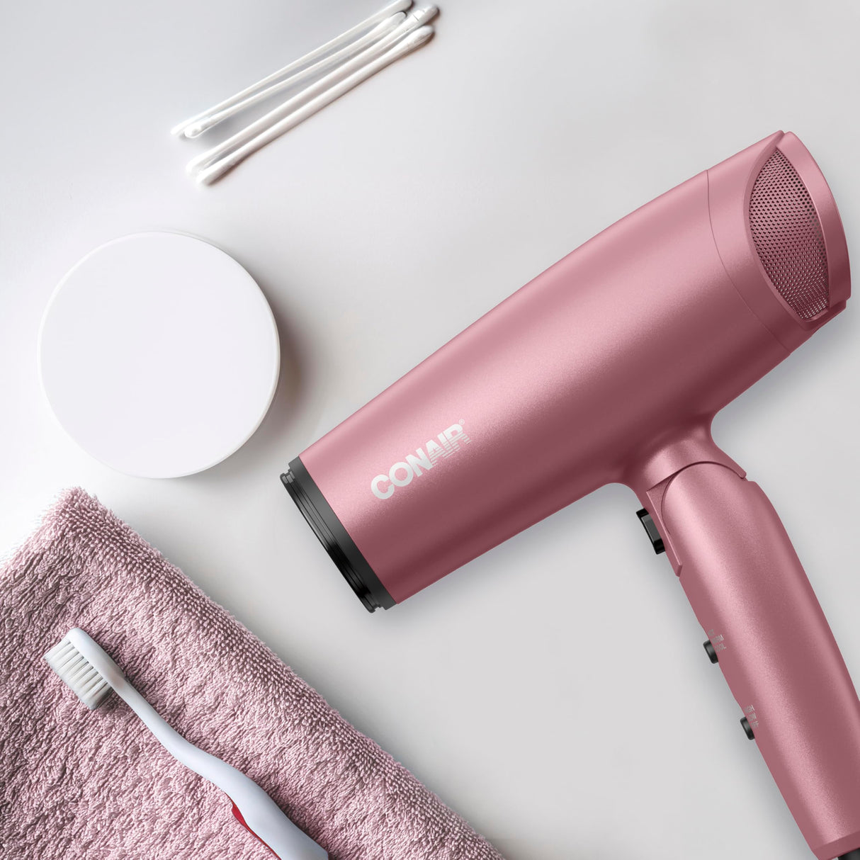 Conair Hair Dryer with Diffuser and Folding Handle, Travel Friendly Hair Dryer, Radiance Boost Blow Dryer for Less Frizz, More Shine, and Irresistibly Silky Hair, Includes Diffuser and Concentrator