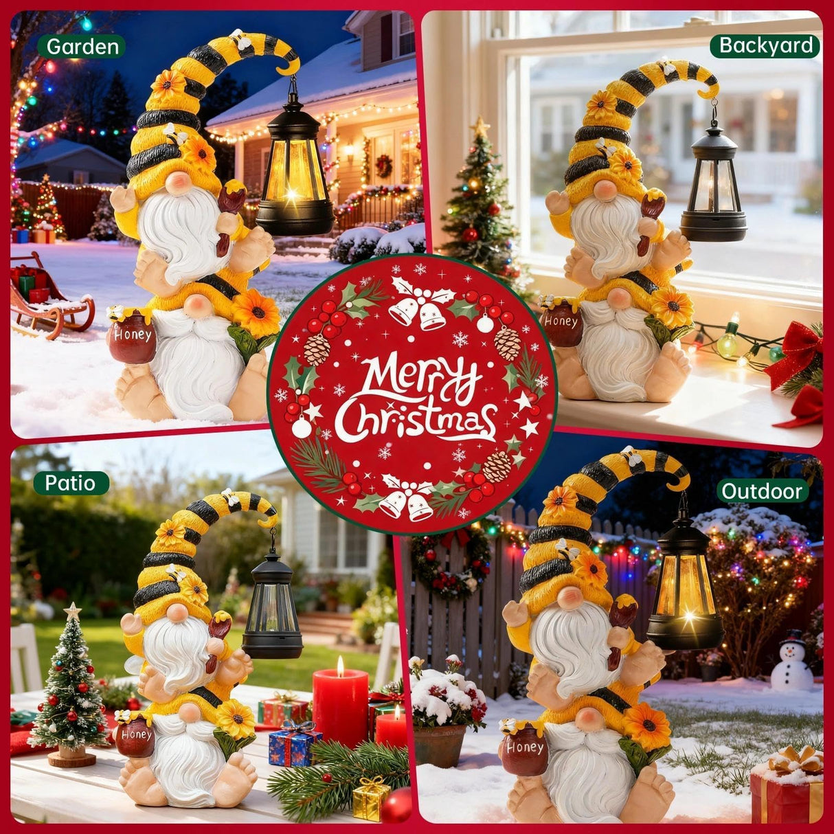 QZZP Solar Bee Garden Gnomes with LED Lantern – Waterproof Stacked Outdoor Decor for Yard, Patio – Unique Gnome Gift for Women, Mom, Grandma (Christmas Decor, Outdoor Statues)