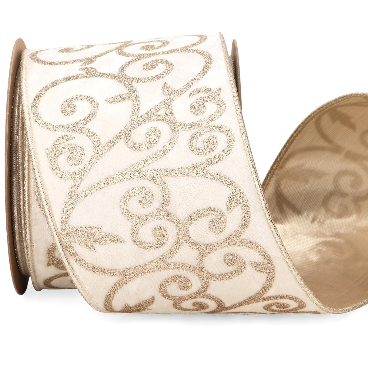 Ribbli Ivory Velvet Ribbon Wired with Glitter Swirl 4 Inch Christmas Ribbon for Christmas Tree Decoration Big Bow Gift Wrapping Crafts Wreaths Supplies - 10 Yards