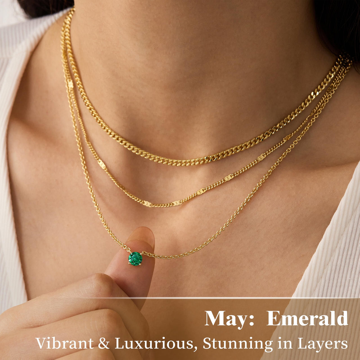 WomenGifts May Created Emerald (Deep Green) Layered Necklace Set, 14K Gold Plated Birthstone Pendant with Choker Cuban Link & Satellite Chain, Personalized Jewelry Gift