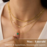 WomenGifts May Created Emerald (Deep Green) Layered Necklace Set, 14K Gold Plated Birthstone Pendant with Choker Cuban Link & Satellite Chain, Personalized Jewelry Gift