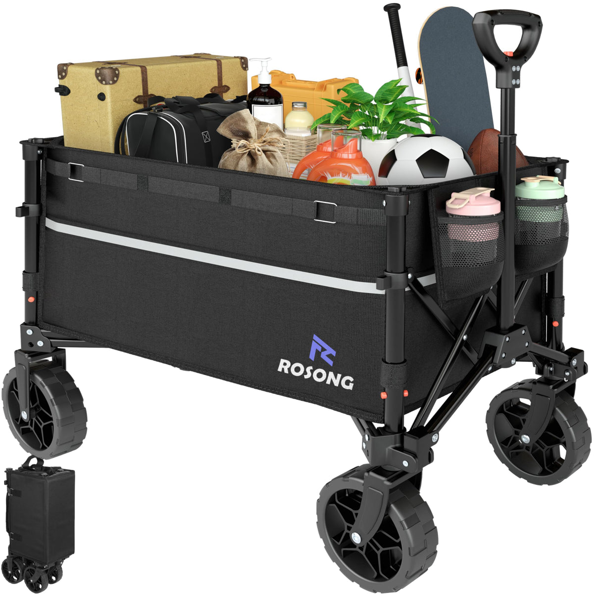 ROSONG Collapsible Wagon Cart with Wheels Foldable - Folding Utility Heavy Duty Wagons Carts for Grocery Sports Garden Shopping Camping Wheelbarrows (Black, 120L)