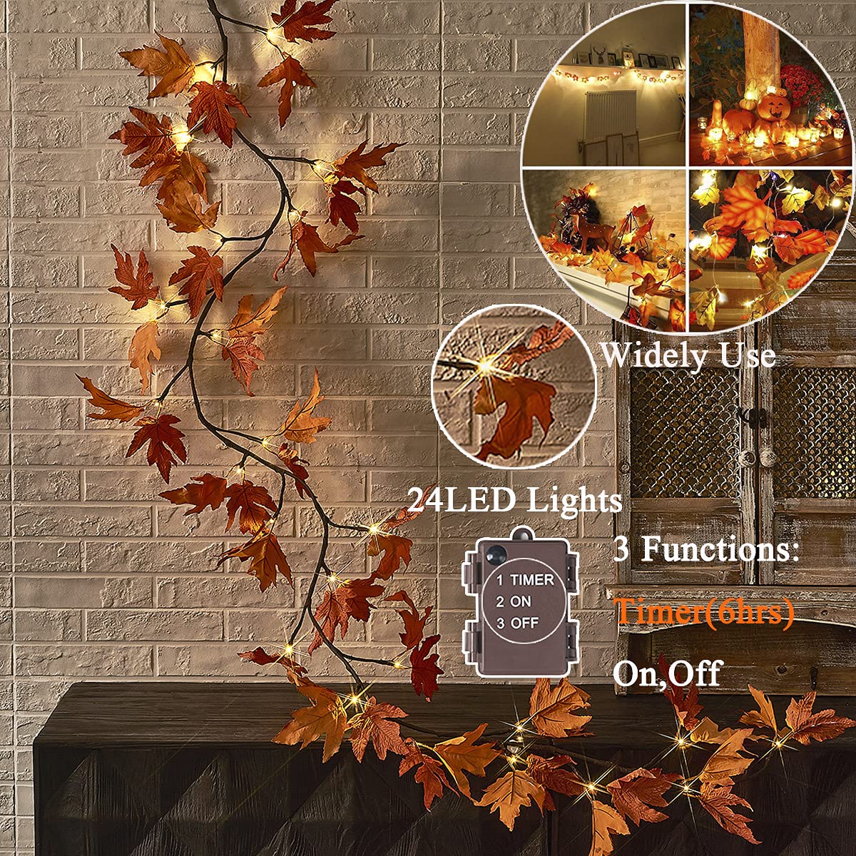 Hairui Lighted Maple Leaf Garland with Timer 6FT 24 Warm White LED, Fall Garland with Lights Battery Operated for Thanksgiving Harvest Christmas Wedding Decoration Indoor Outdoor