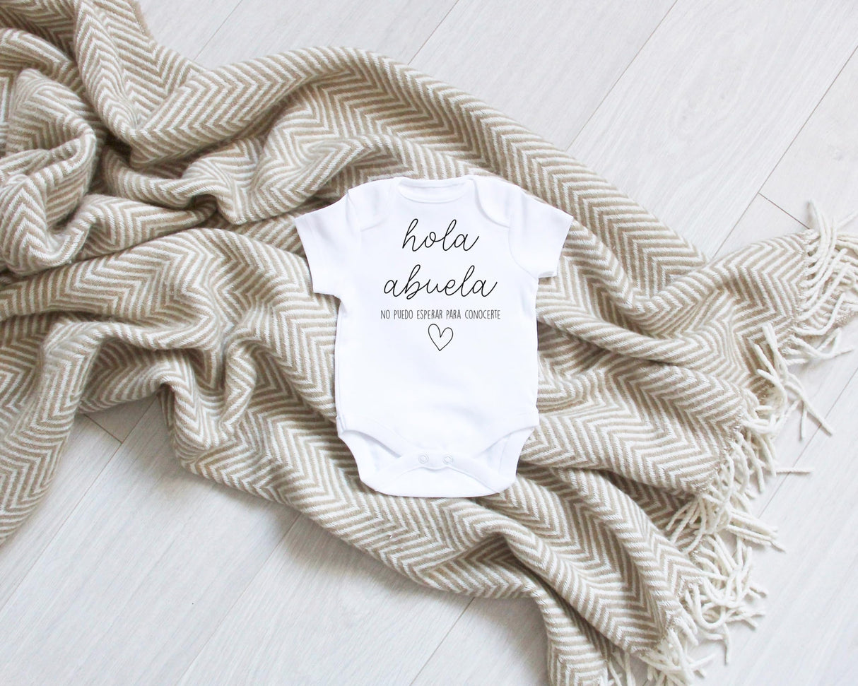 Hola Abuela Spanish Pregnancy Announcement Infant Bodysuit for Grandma - Abuelito Gift for New Baby Reveal! (White)