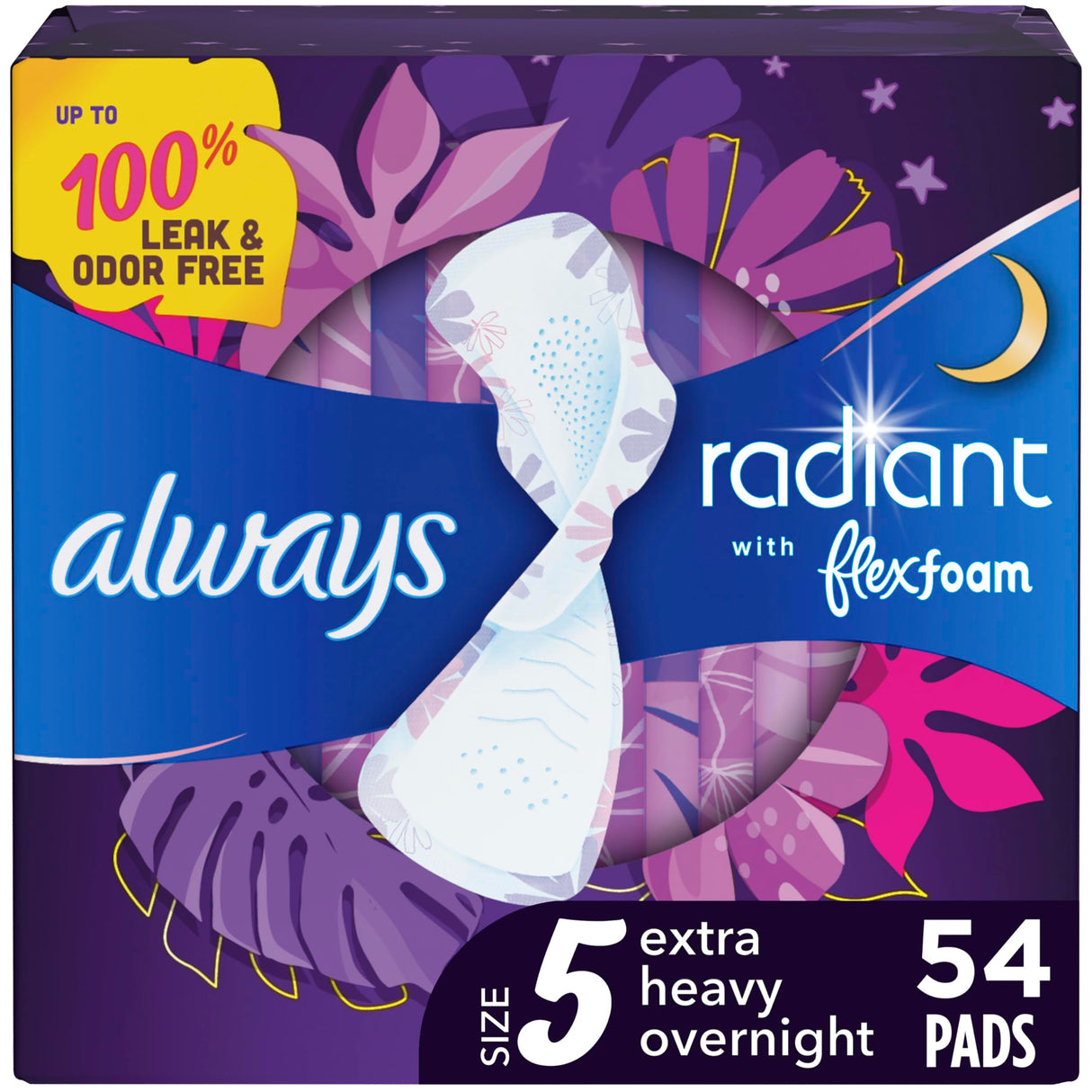 Always Radiant Feminine Pads for Women, Flexfoam Pads with Wings, Size 5, Extra Heavy Overnight Absorbency, Lightly Scented, 54 Count (Packaging May Vary)