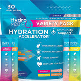 HydroMATE Electrolytes Powder Drink Mix Packets Hydration Accelerator Low Sugar Rapid Party Recovery Plus Vitamin C Variety Pack 30 Count