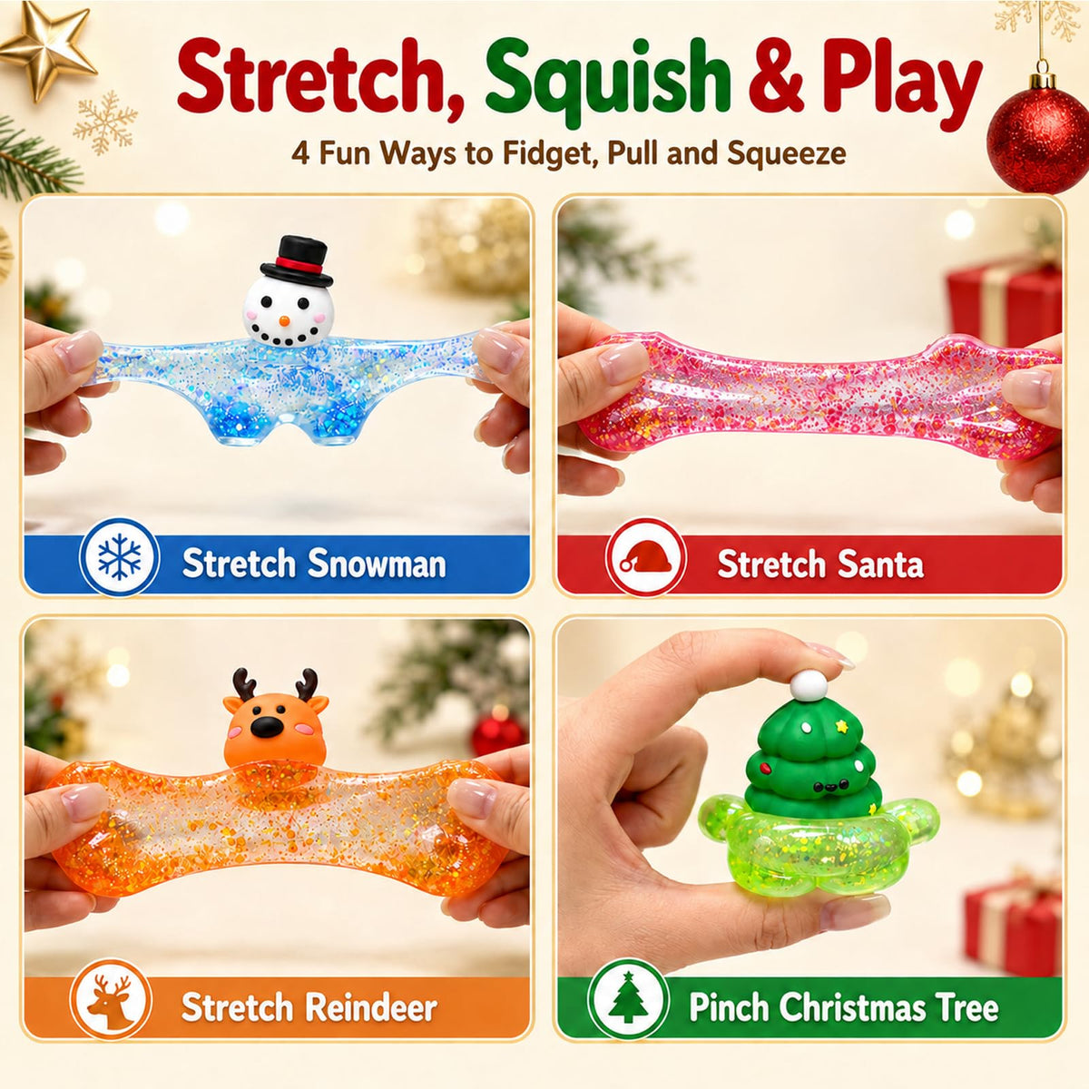 4Pcs Christmas Squishies Toy, Shiny Slow Rising Squeeze Squishy Toys with Soft Body, Fidget Stress Ball, Santa, Snowman,Reindeer,Christmas Tree, Stocking Stuffers, White Elephant Gift for Kids Teens