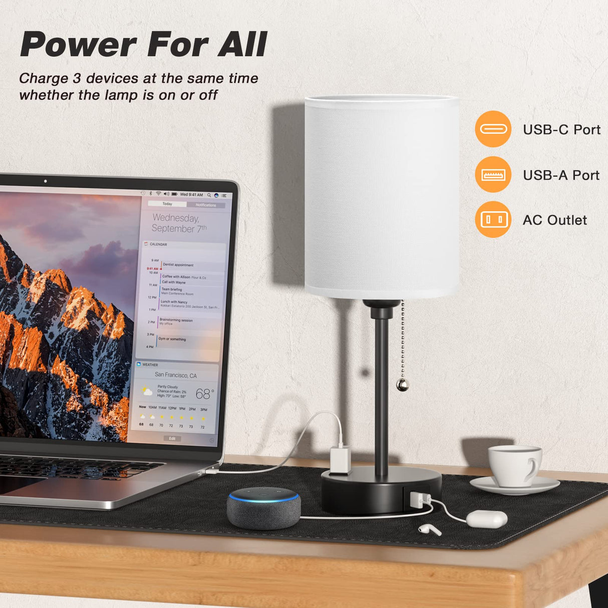 Small Bedside Table lamp for Bedroom - 3 Color Temperatures Bedside Lamps with USB C and A Ports, Pull Chain Table Lamps with AC Outlet, White Nightstand Lamps with Black Metal Base for Kids Reading