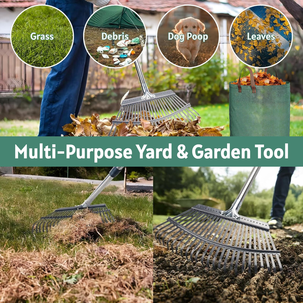 Jesosia Garden Rake for Leaves with Leaf Bag & Gloves - 65 Inch Adjustable 25 Tines Metal Rake Set with 72 Gallon Reusable Yard Waste Bags for Gardening Lawns Outdoor Camping Shrub Grass Bush