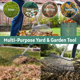 Jesosia Garden Rake for Leaves with Leaf Bag & Gloves - 65 Inch Adjustable 25 Tines Metal Rake Set with 72 Gallon Reusable Yard Waste Bags for Gardening Lawns Outdoor Camping Shrub Grass Bush
