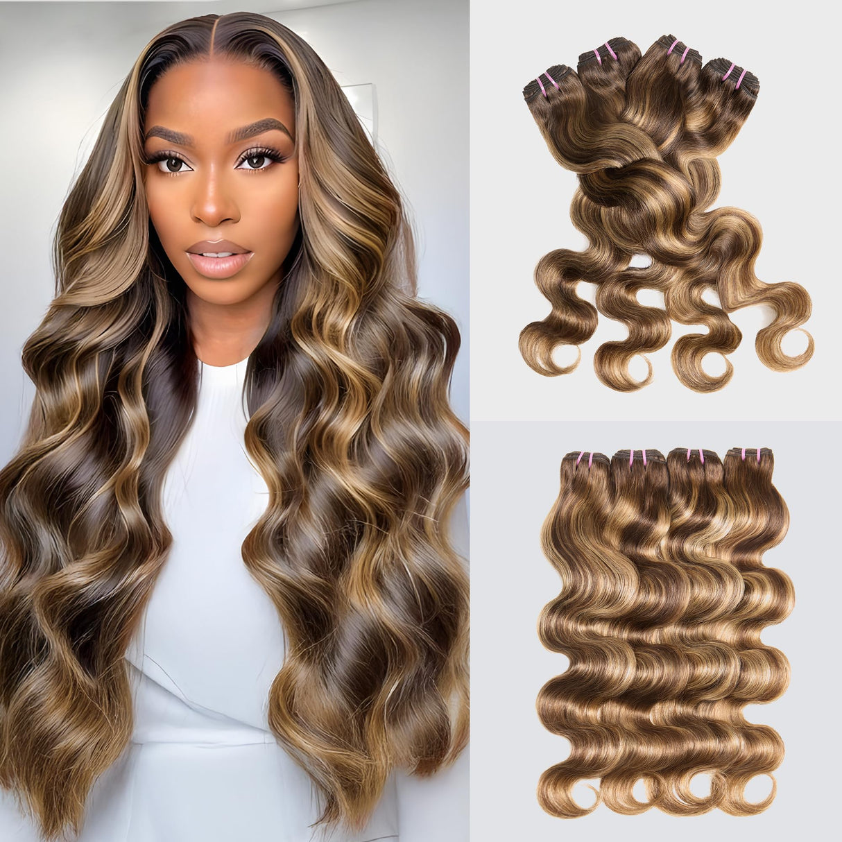 Human Hair Bundles 4 Bundles 18 20 22 24 Inch Hair Extensions Honey Blonde Highlight Body Wave Human Hair 100% Unprocessed Brazilian Virgin Hair Quick Weave P4/27