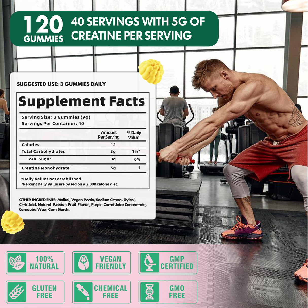 DANEW Pro Creatine Monohydrate Gummies 5000mg for Men & Women, Creatine Monohydrate for Muscle Strength, Muscle Builder, Energy Boost, Pre-Workout Supplement(120 Count)-Passion Fruit Flavor