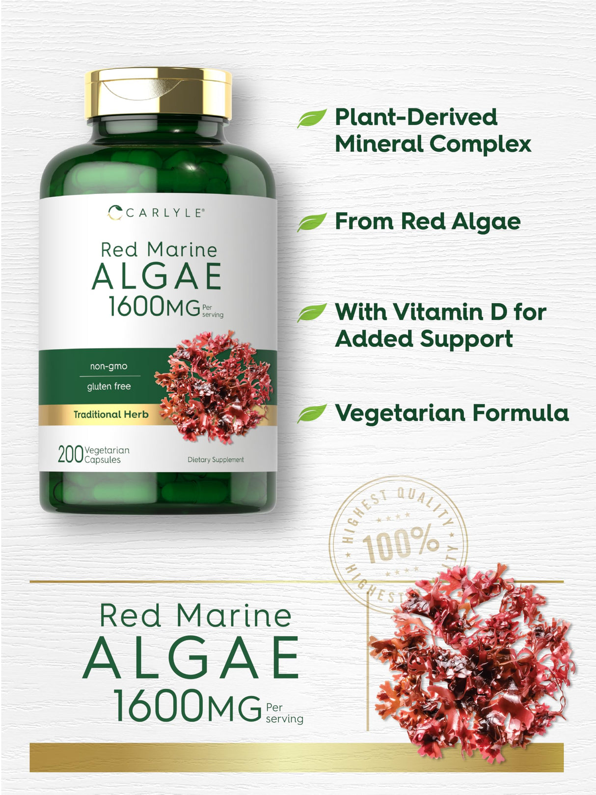 Carlyle Red Marine Algae 1600mg | 200 Capsules | Vegetarian Supplement | Non-GMO, Gluten Free