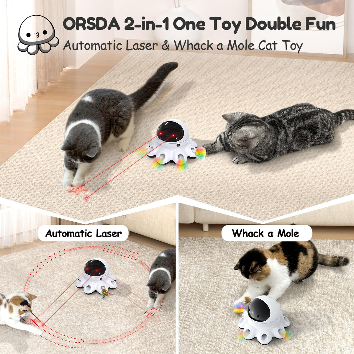 ORSDA Cat Laser Toy, 2-in-1 Interactive Automatic Motion Activated Moving 8 Holes Whack A Mole Feather, USB Rechargeable Electronic Smart Sensor Kitten Toys for Indoor Exercise