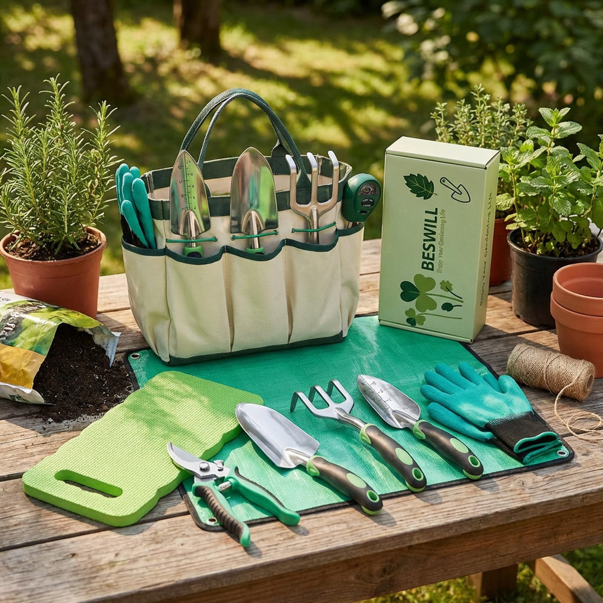 10PCS Heavy-Duty Garden Tools Set for Beginners - Rust-Proof Aluminum Garden Kit with Soil Tester, Repotting Mat & Kneeling Pad, Perfect Gardening Gift for Women, Mom & Beginners
