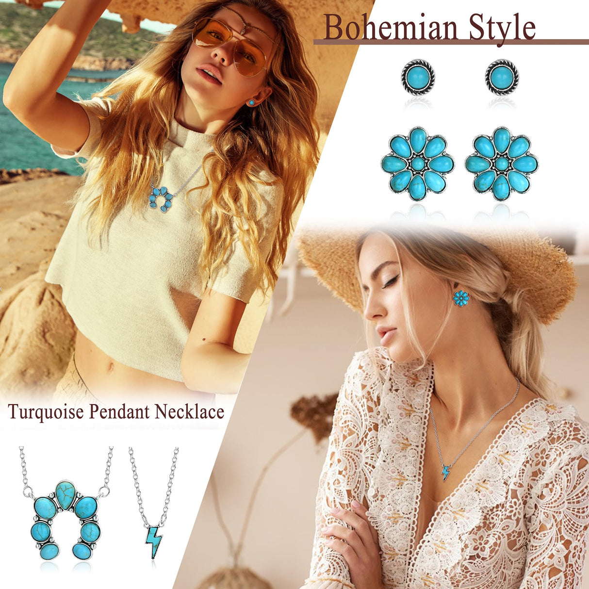 Fansilver Turquoise Jewelry for Women Bohemian Western Jewelry Set,20PCS