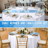 Tudomro 16 Pcs White and Light Blue Round Plastic Tablecloth and Satin Table Runner Set 84 Inch Round Covers 12 x 108 Inch Table Runners for Christmas Wedding Birthday Party Baby Shower