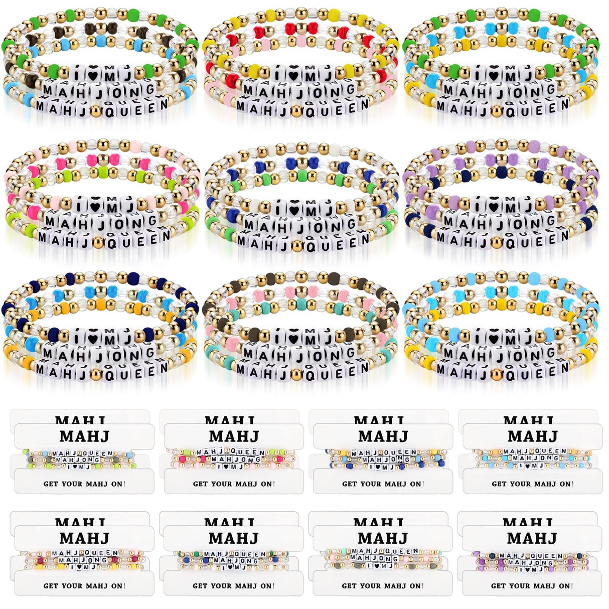 Kigeli 48 Pcs Mahjong Bracelet Gifts for Women Colorful Beaded Mahjong Lucky Bracelet Bulk Acrylic Mah Jong Chinese Jewelry for Friends Mom Grandma New Year Birthday Party Supplies