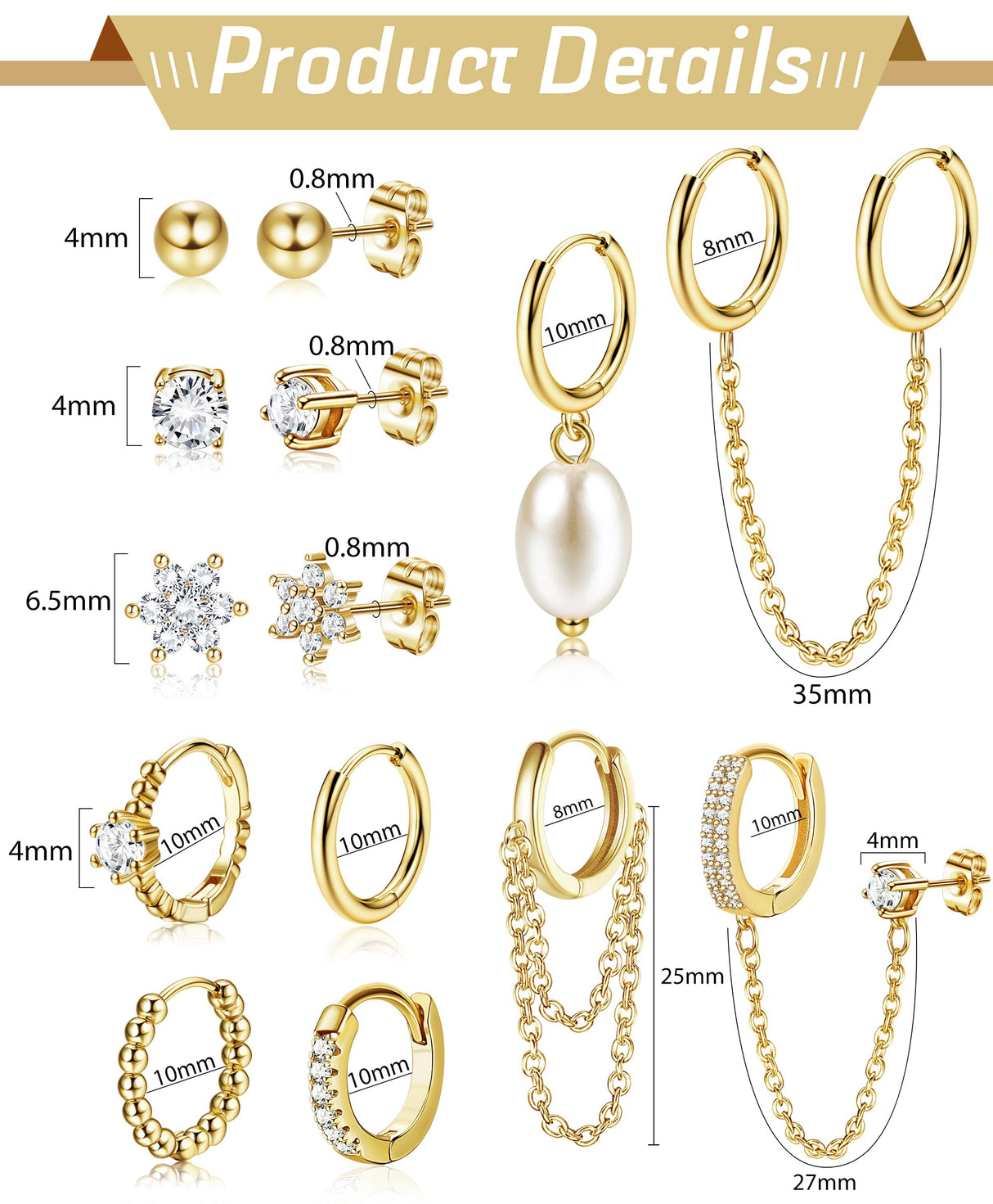 HAIAISO 10 Pairs Small Gold Huggie Hoop Earrings for Women Lightweight Double Piercing Chain Earrings 14K Gold Plated Dainty Ball Stud Earrings Hypoallergenic Gold Earring Set
