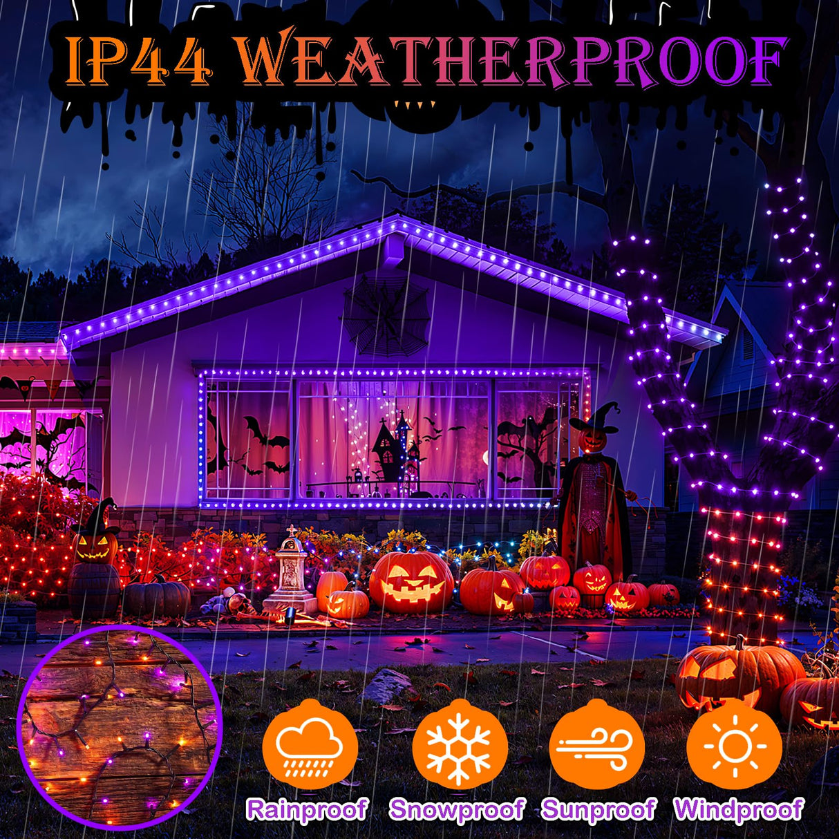Decute Halloween String Lights Outdoor Indoor Waterproof 300LED 105FT UL Certified with End-to-End Plug 8 Modes, Decoration Lights for Christmas Tree Patio Garden Wedding Party Orange Purple