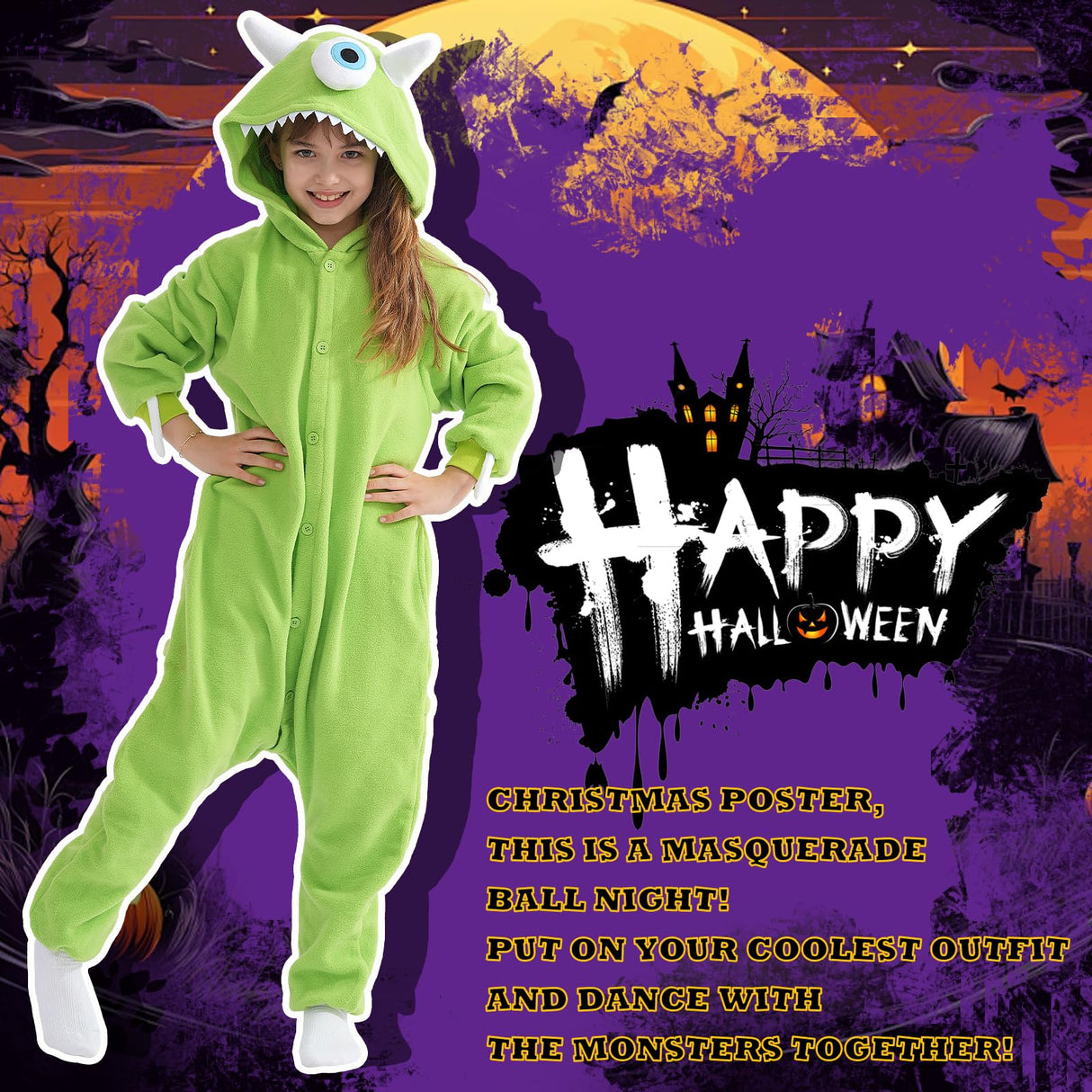 Beauty Shine Onesie Cartoon Animal Costume One Piece Pajamas Cosplay Halloween Christmas Sleepwear Jumpsuit Homewear (US, Age, 10 Years, Mike Wazowski)